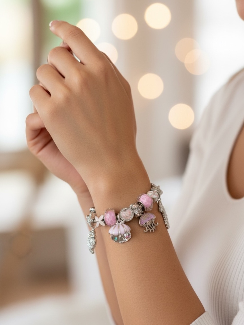 Pink Charm Beaded Bracelet for Women - Stylish Silver Accents